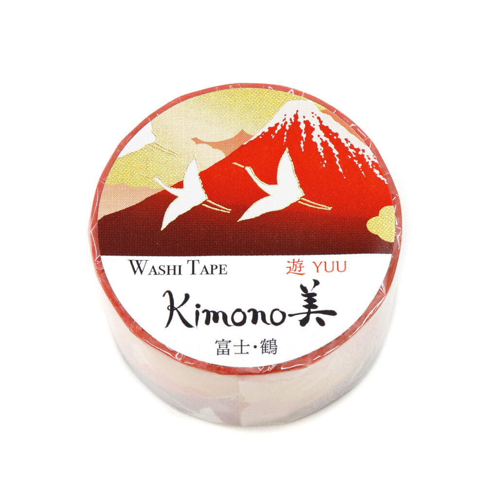 Kamiiso Yuzen Washi Tape - Kimono "Yuu" Series - Red Fuji with Flying Cranes
