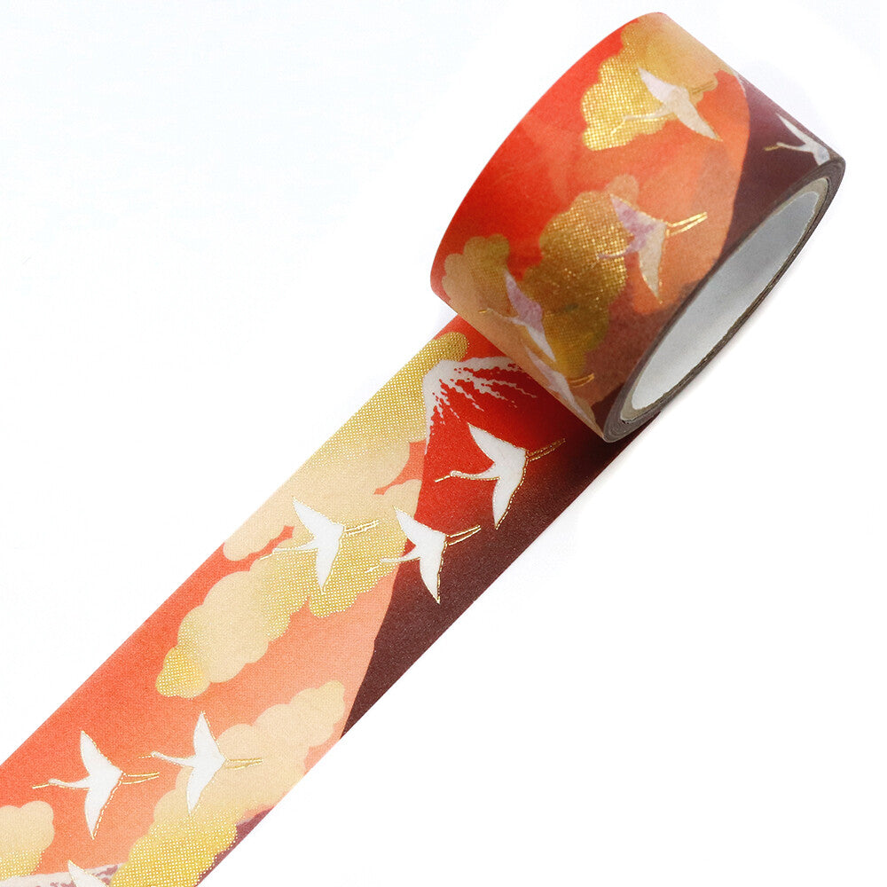 Kamiiso Yuzen Washi Tape - Kimono "Yuu" Series - Red Fuji with Flying Cranes
