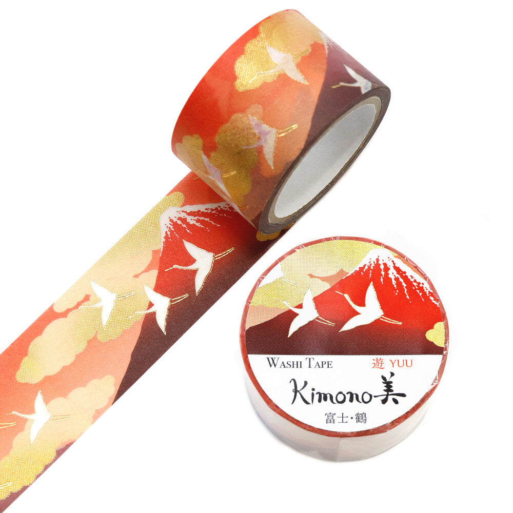 Kamiiso Yuzen Washi Tape - Kimono "Yuu" Series - Red Fuji with Flying Cranes