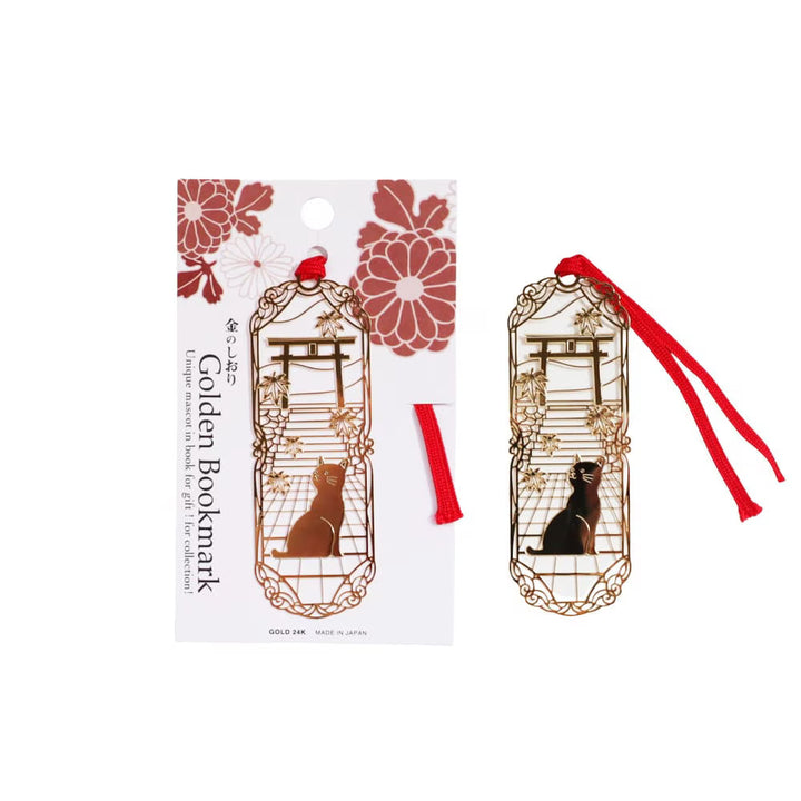 Japanese Golden Bookmark - Cat with Torii Gate