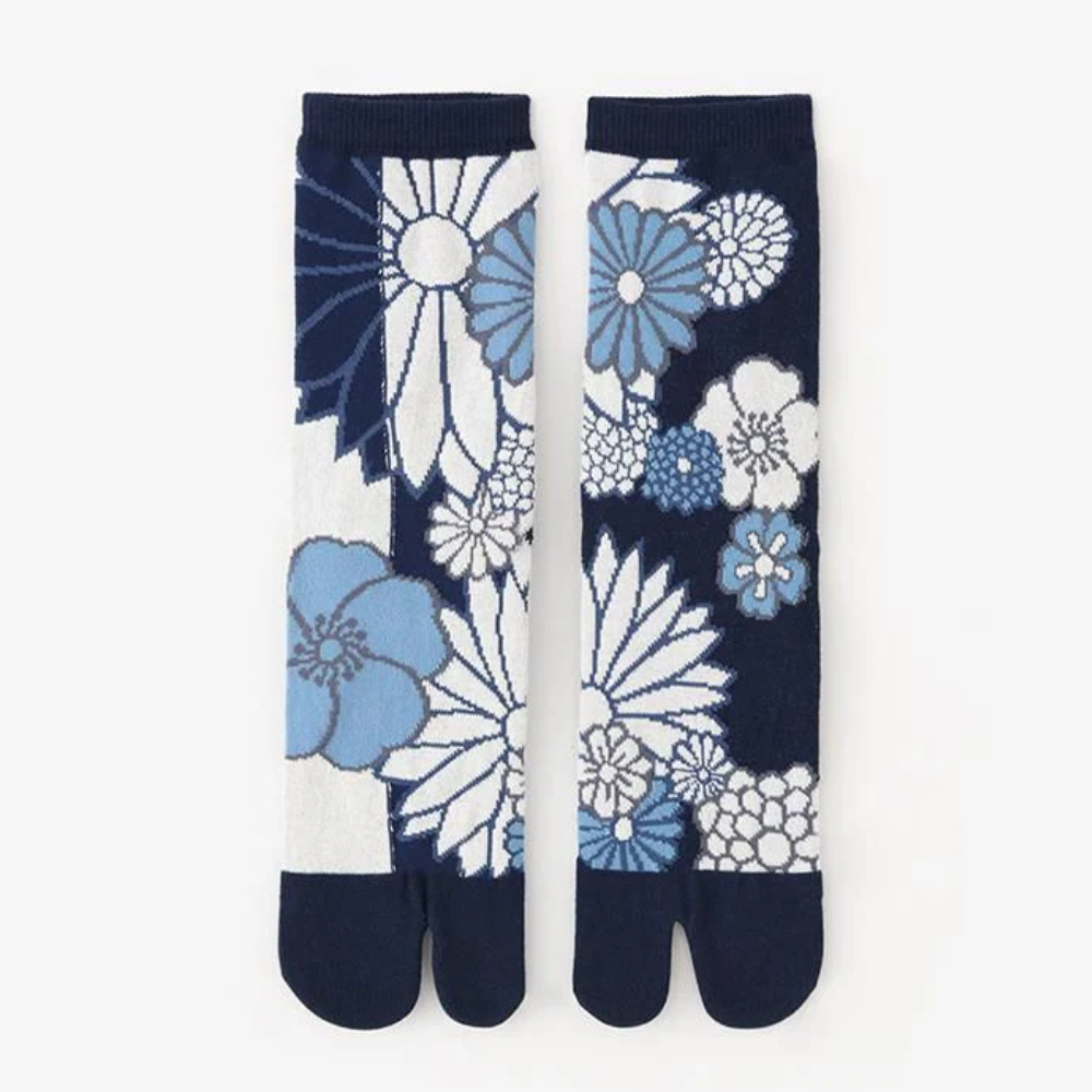 SOU.SOU Kyoto Tabi Socks - Split Toe Design - Blue Chrysanthemum (Size UK 4-6.5)