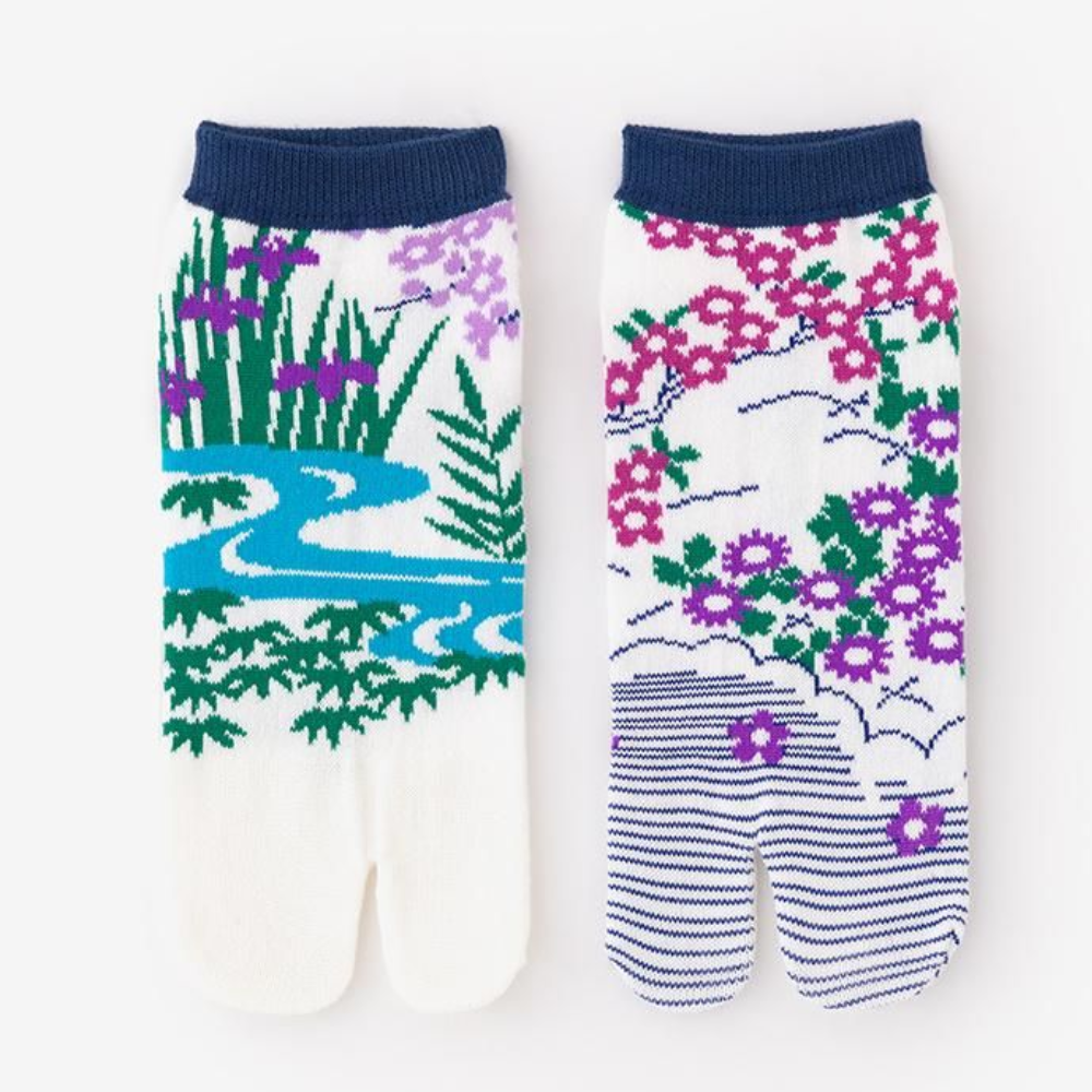 SOU.SOU Kyoto Tabi Low Cut Socks - Split Toe Design - "Cool" Floral Pattern (Size UK 4-6.5)