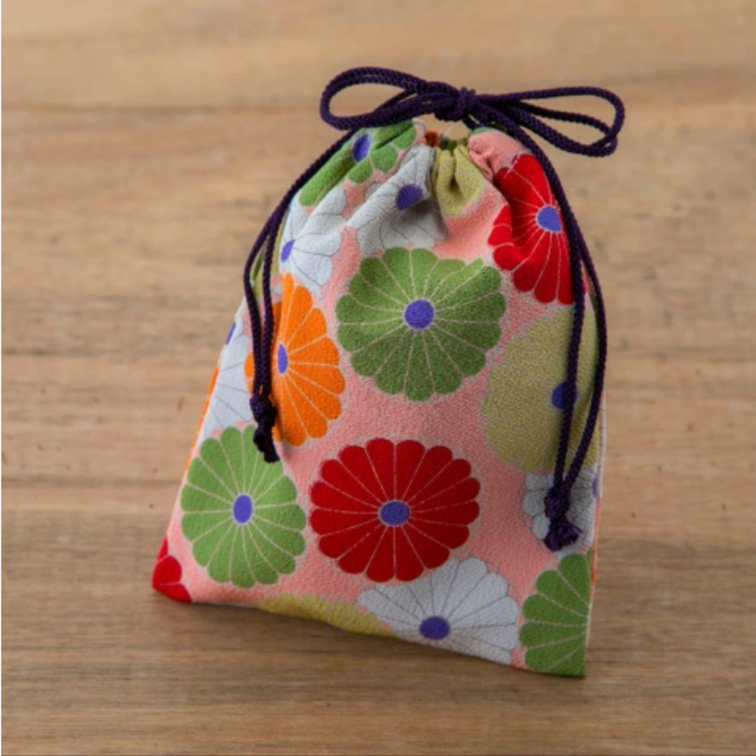 Noren Chirimen Fabric Drawstring Pouch - "Kiku" Chrysanthemum - Pink