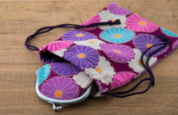 Noren Chirimen Fabric Drawstring Pouch - "Kiku" Chrysanthemum - Purple