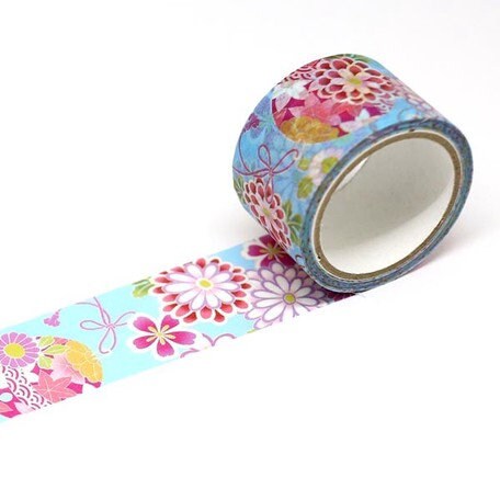 Kamiiso Yuzen Washi Tape - Kimono "Hana" Series - Blue with Flowers (Made in Japan)